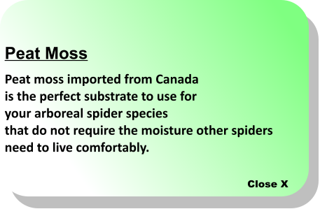 Close X Peat Moss Peat moss imported from Canada  is the perfect substrate to use for  your arboreal spider species  that do not require the moisture other spiders  need to live comfortably.