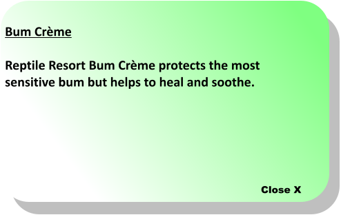 Close X Bum Crme  Reptile Resort Bum Crme protects the most sensitive bum but helps to heal and soothe.